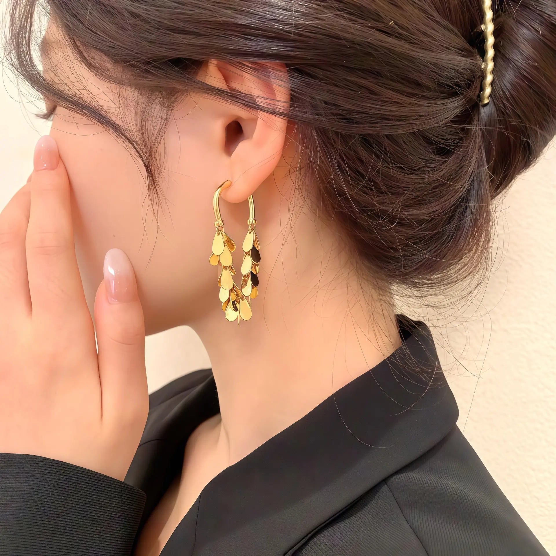 フリンジピアス イエロー 韓国風上品アクセ - bijuni