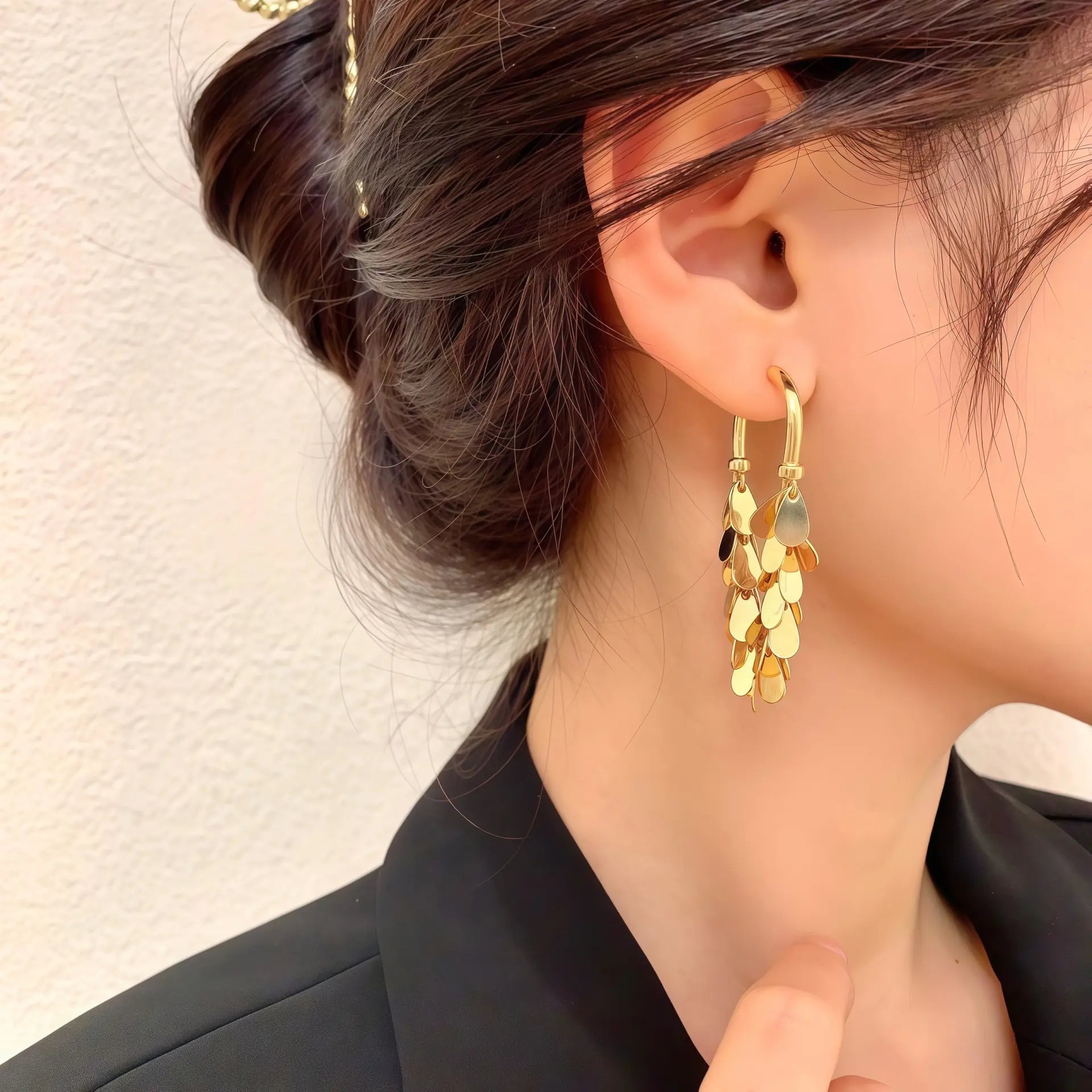フリンジピアス イエロー 韓国風上品アクセ - bijuni